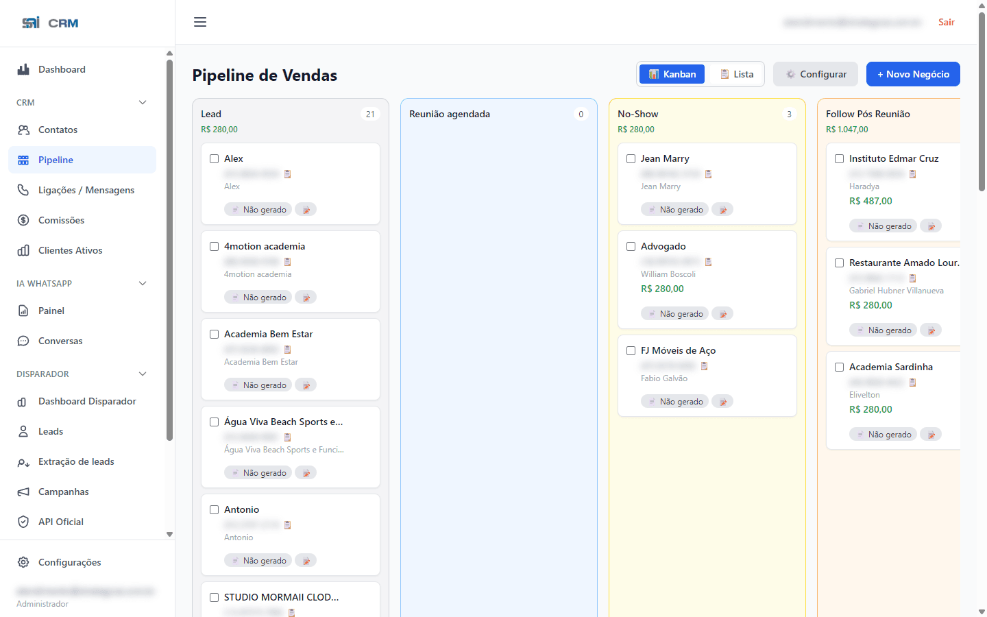 Pipeline visual do CRM